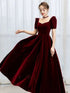 Wine Red Velvet Short Sleeves Beaded Party Dress, Wine Red Velvet Wedding Party Dress